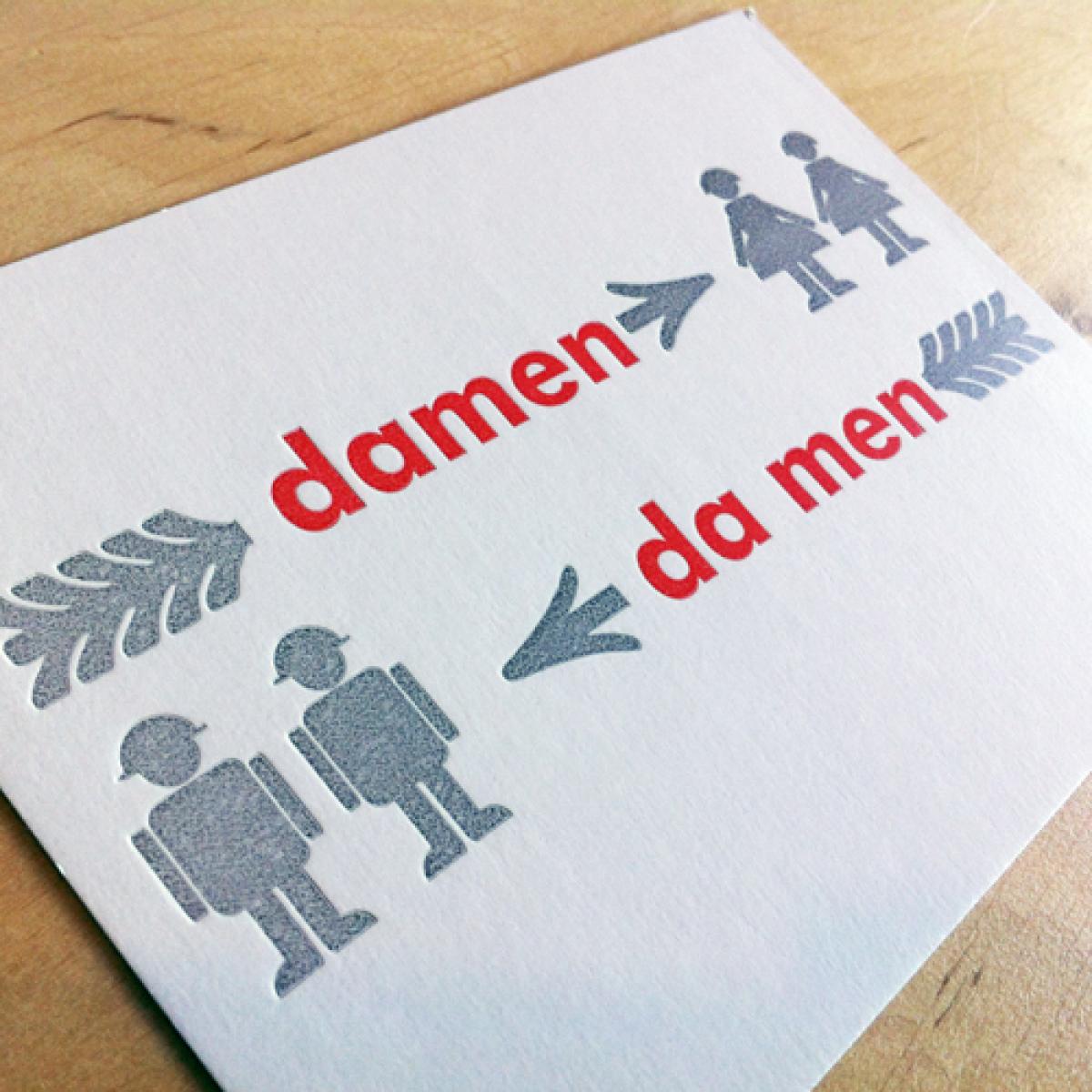 Postkarte mit Wortspiel: damen / da men