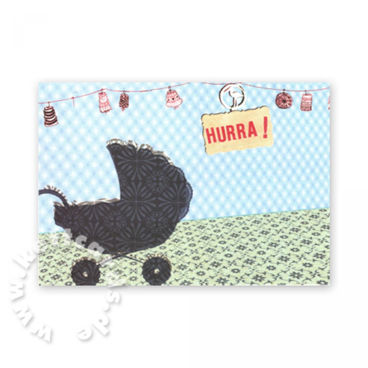 Baby-Postkarte: Kinderwagen + Hurra!