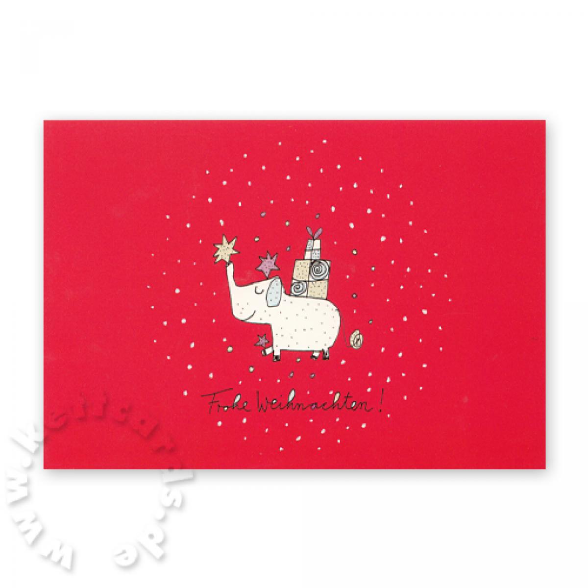 Weihnachts-Postkarte: Elefant mit Geschenk - Frohe Weihnachten!