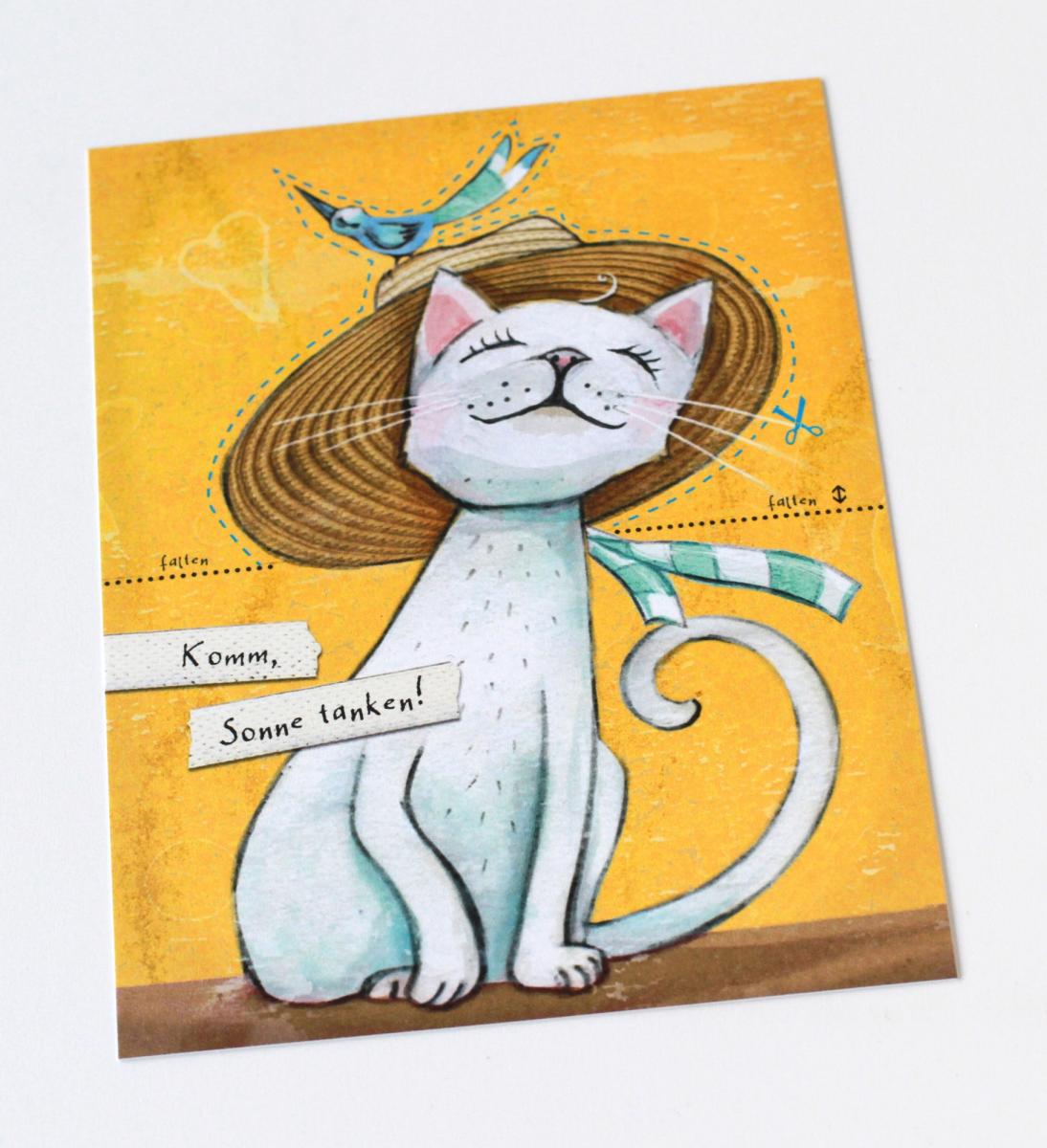 Bastelpostkarte mit Katze: Komm, Sonne tanken!