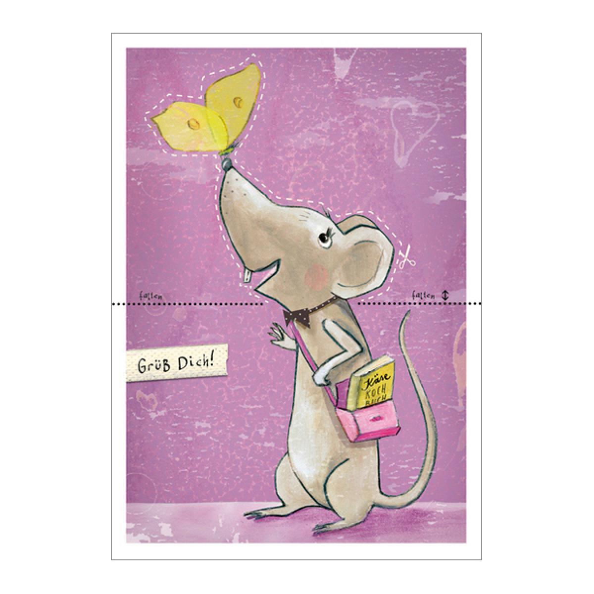 Bastelpostkarte mit Maus und Schmetterling: Grüß Dich!