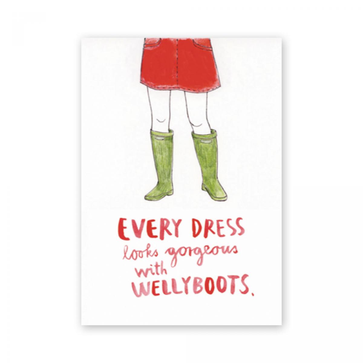 Postkarte: every dress looks gorgeous with wellyboots.