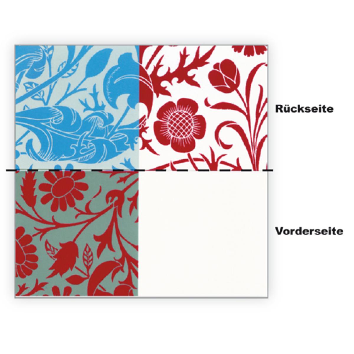 Tischkarte: florale Ornamente  (rot, blau und grau)