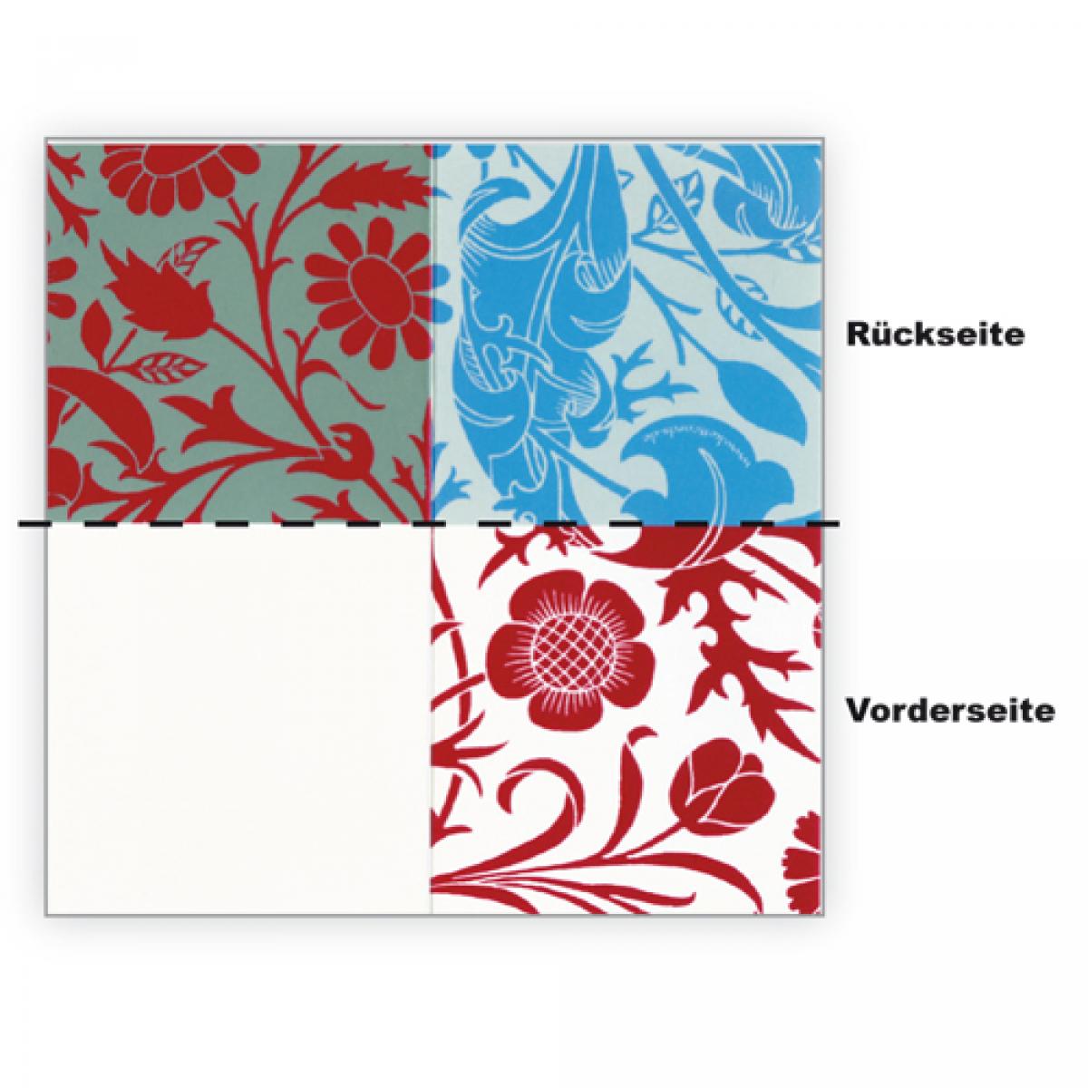 Tischkarte: florale Ornamente  (rot, blau und grau)