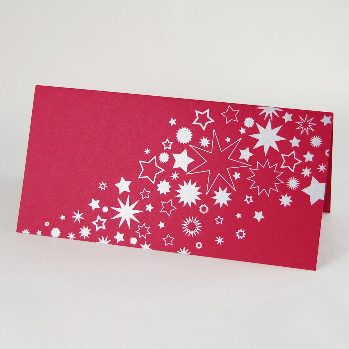 Weihnachtskarte: Sternenregen (silber gedruckt auf rotem Karton)