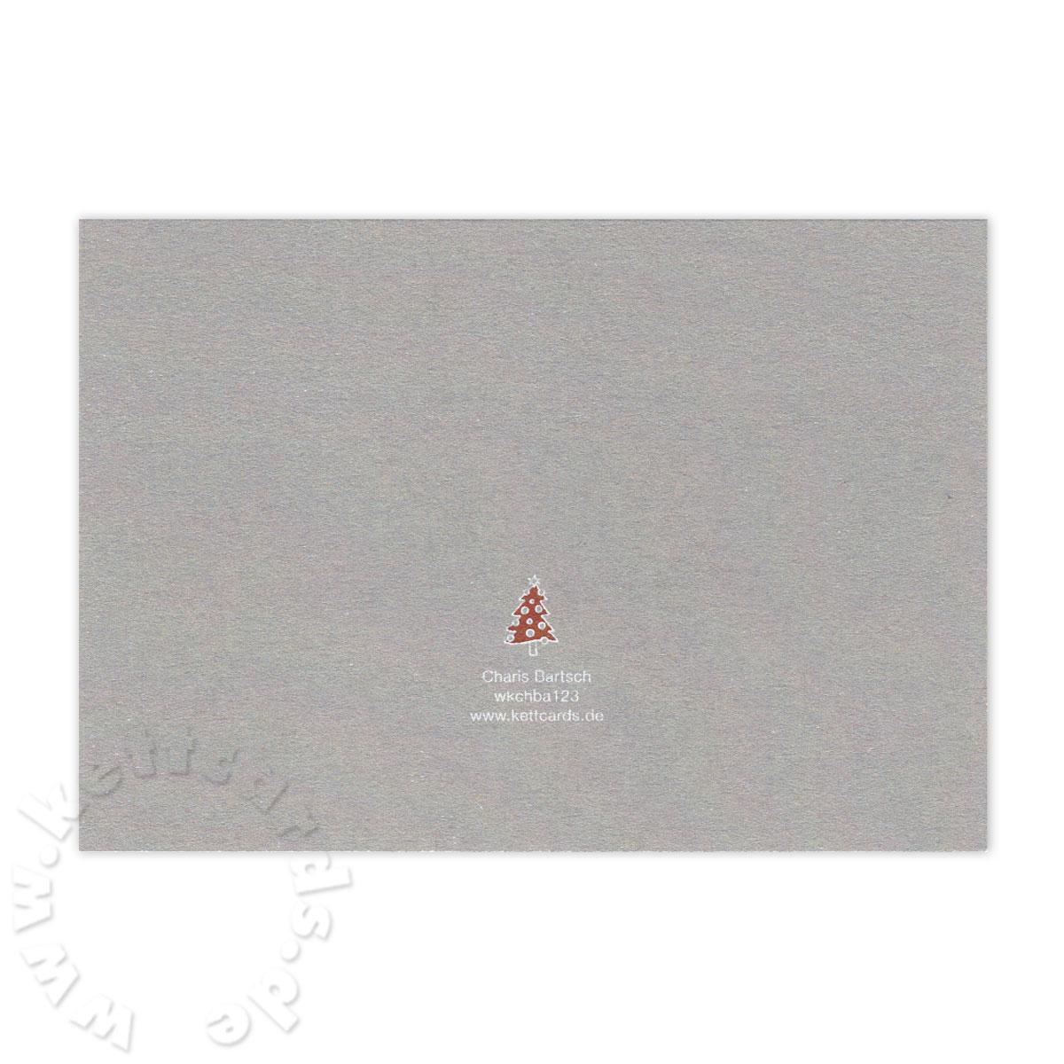 graue Weihnachtskarte mit weißem Druck: weihnachtliche Häuserzeile