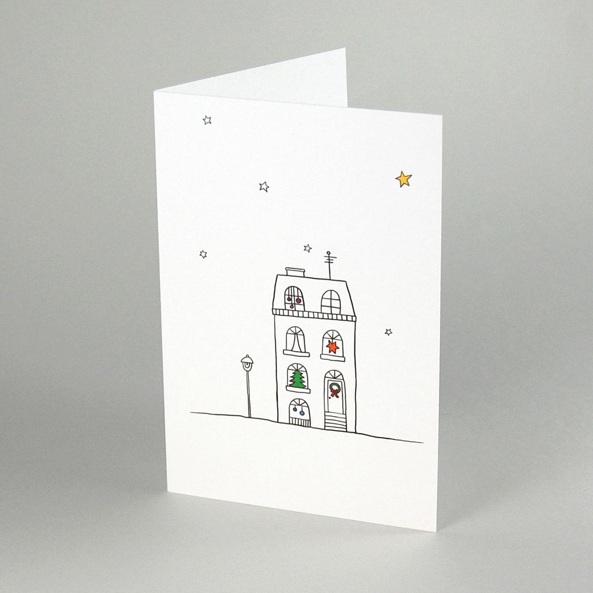 Weihnachtskarte: weihnachtliches Haus mit Laterne
