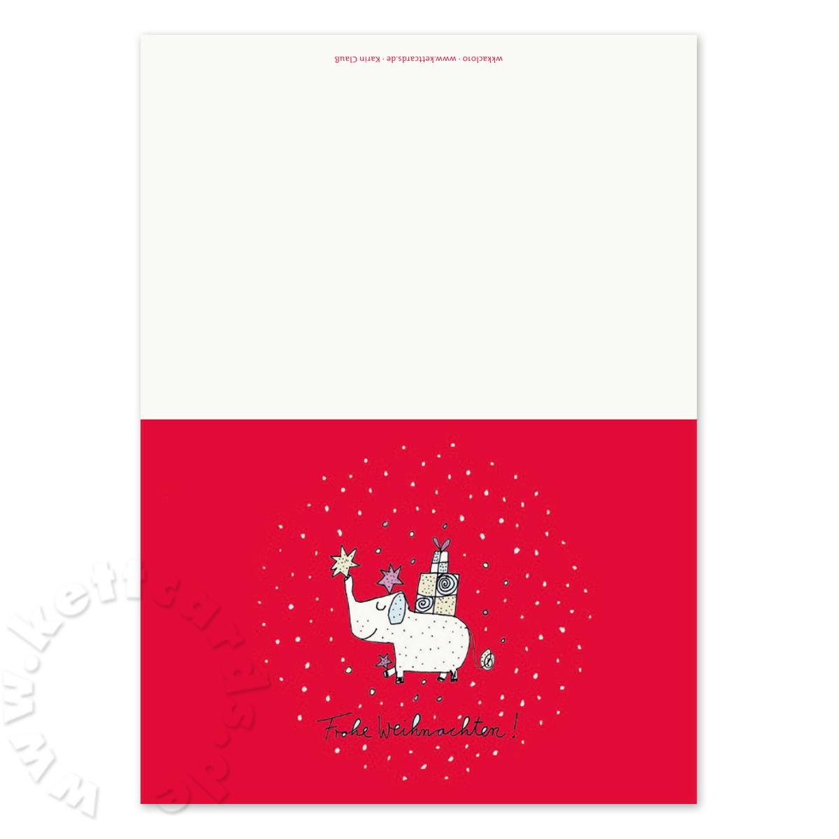 Weihnachtskarte: Frohe Weihnachten! - Elefant mit Geschenken