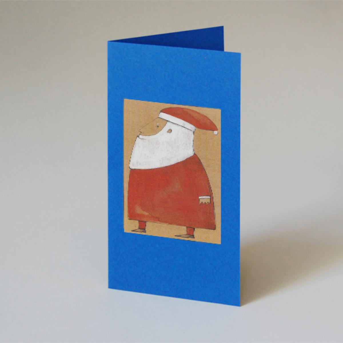 blaue Weihnachtskarte mit Aufkleber: Weihnachtsmann