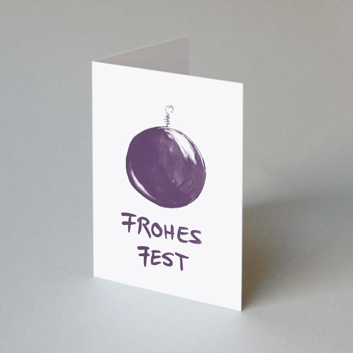 Weihnachtskarte: Frohes Fest  + purpurfarbene Kugel