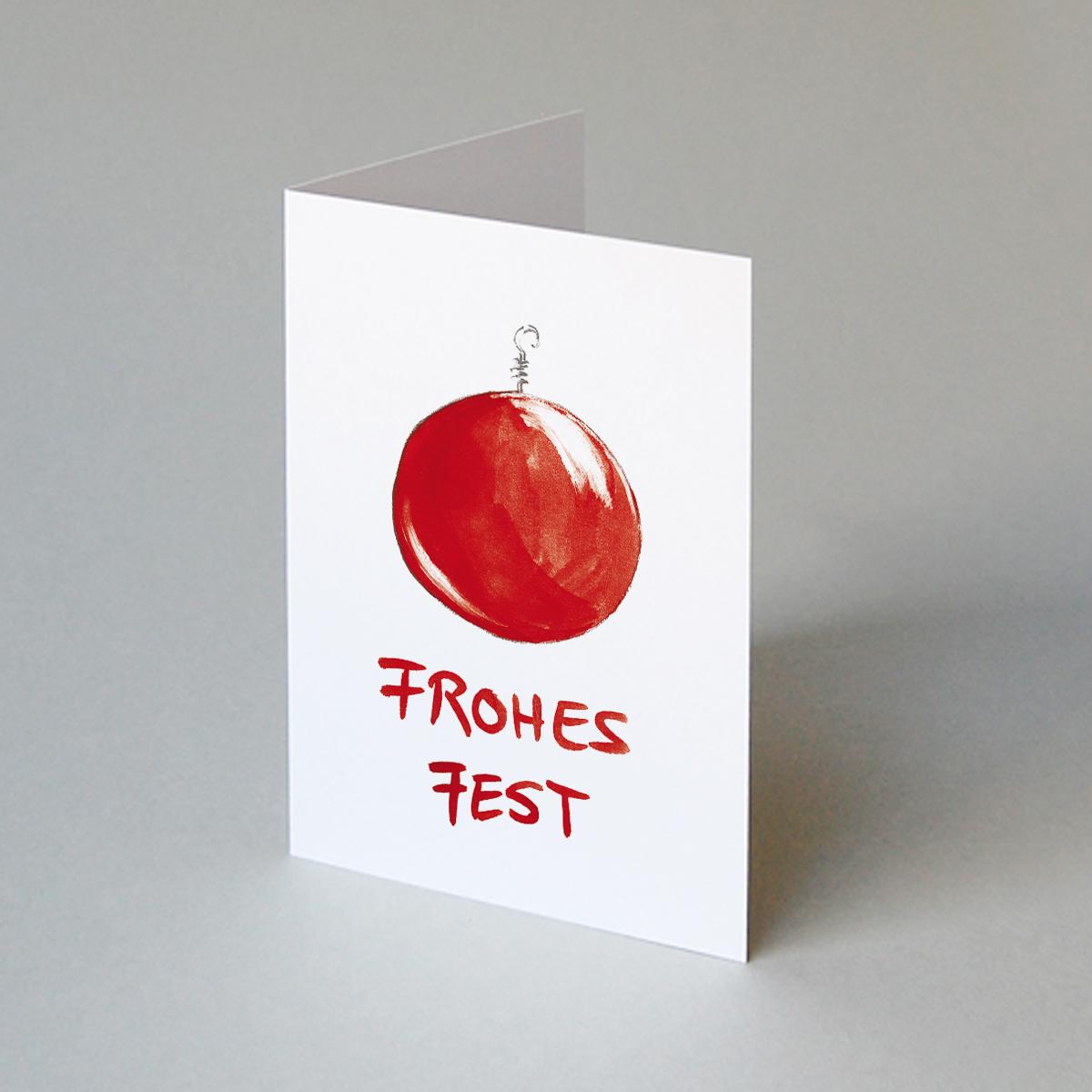 Weihnachtskarte: Frohes Fest + rote Kugel