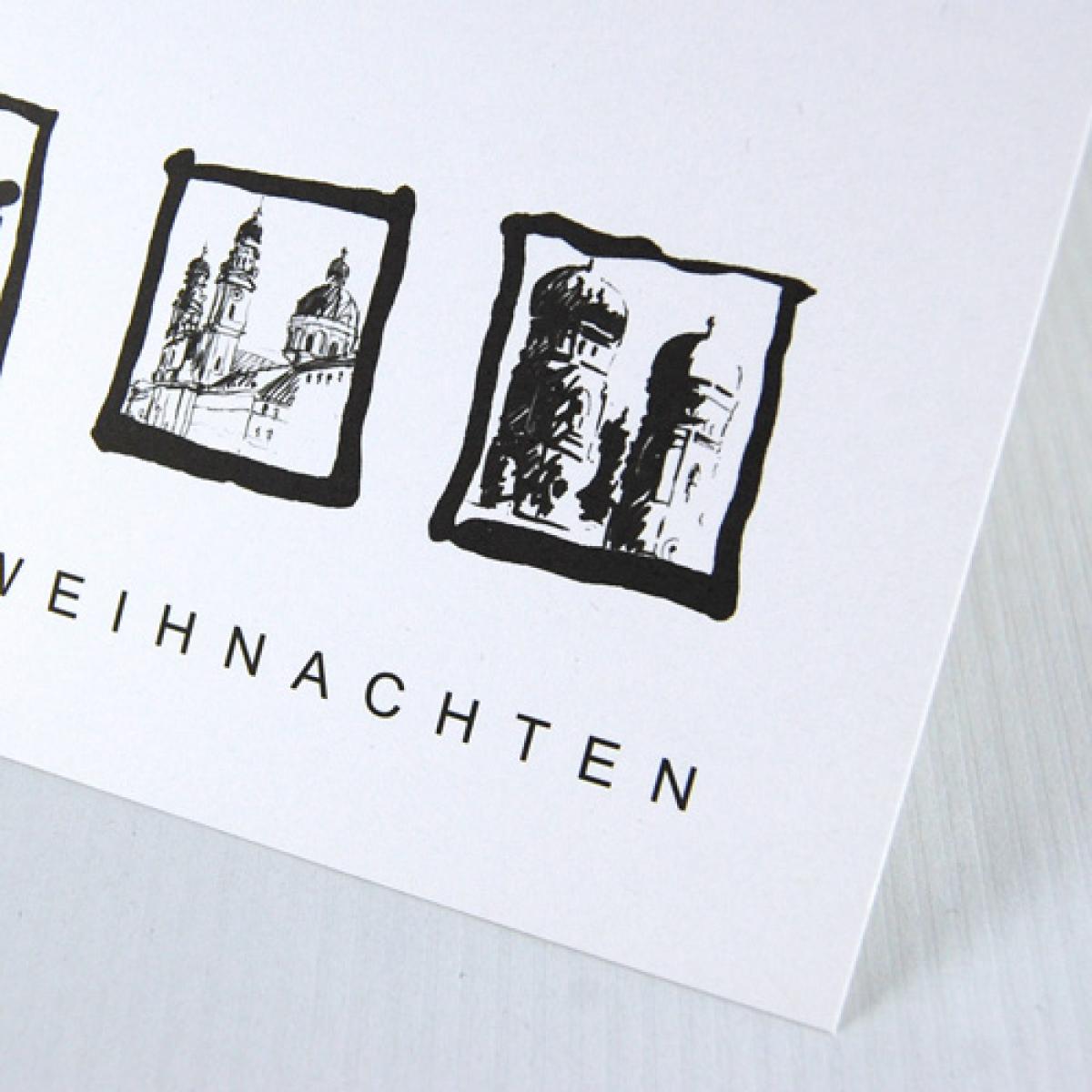 Münchener Weihnachtskarte: Propyläen, Siegestor, Theatinerkirche + Frauenkirche